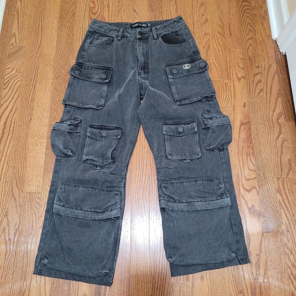 Luxe To Kill Oversized Acid Black Cargo Capris Pants Denim Pockets Womens 2